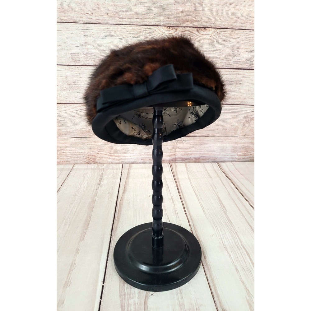 Vintage Women's Fur Pillbox Hat Faux Leather Trim With Flat Top